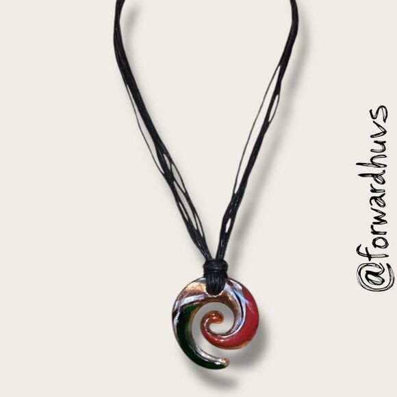 Handcrafted Spiral Glass Pendant Necklace – Multicolor Swirl on Black Cord - Picture 6 of 7